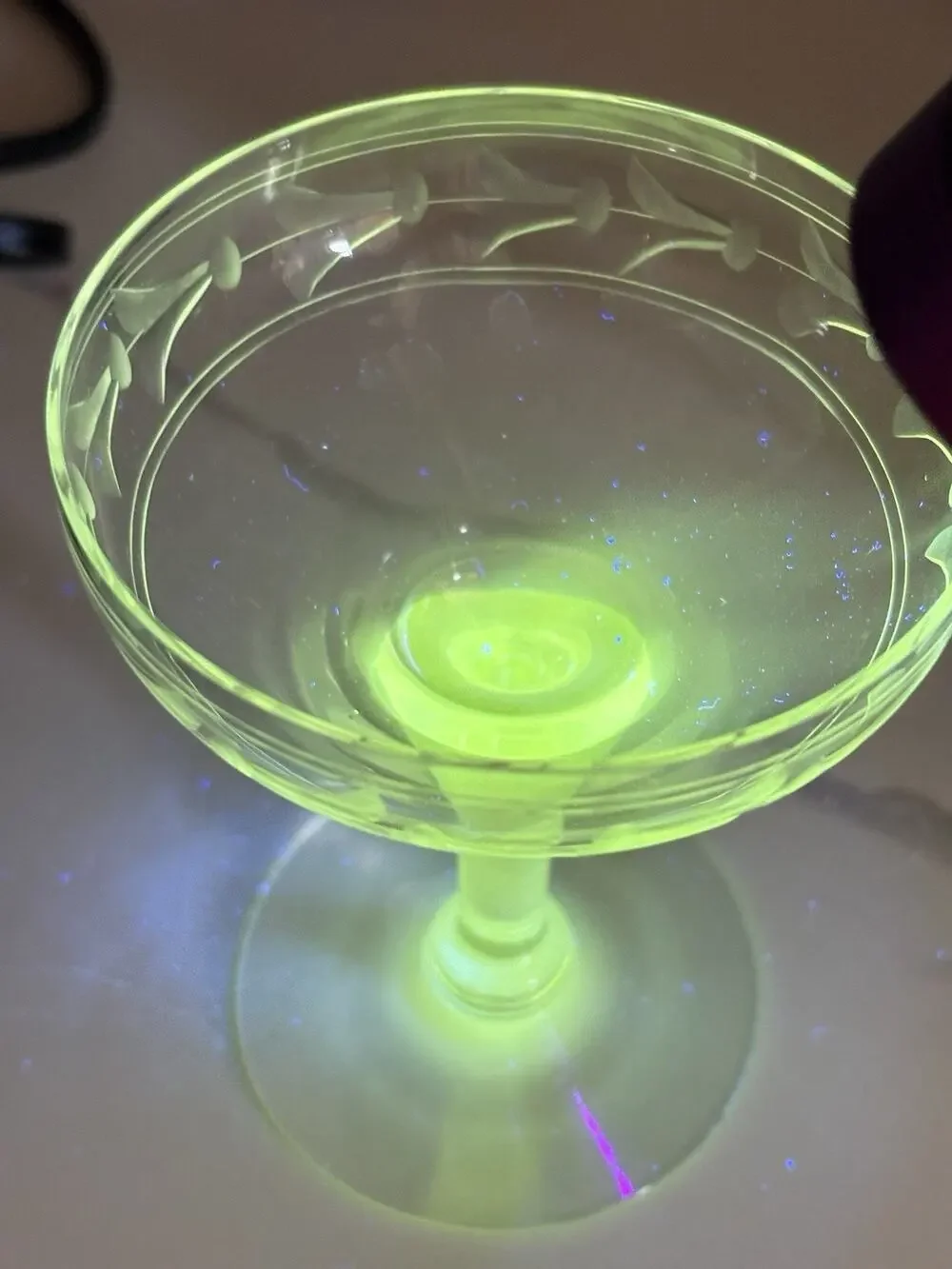Vintage manganese glass Etched Floral Champagne Coupe Sherbet Glows UV 4.5”